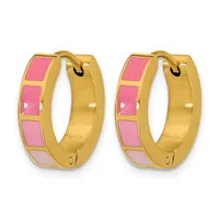 A pair of gold-toned hoop earrings with pink enameled square sections arranged in a row around the outer surface.