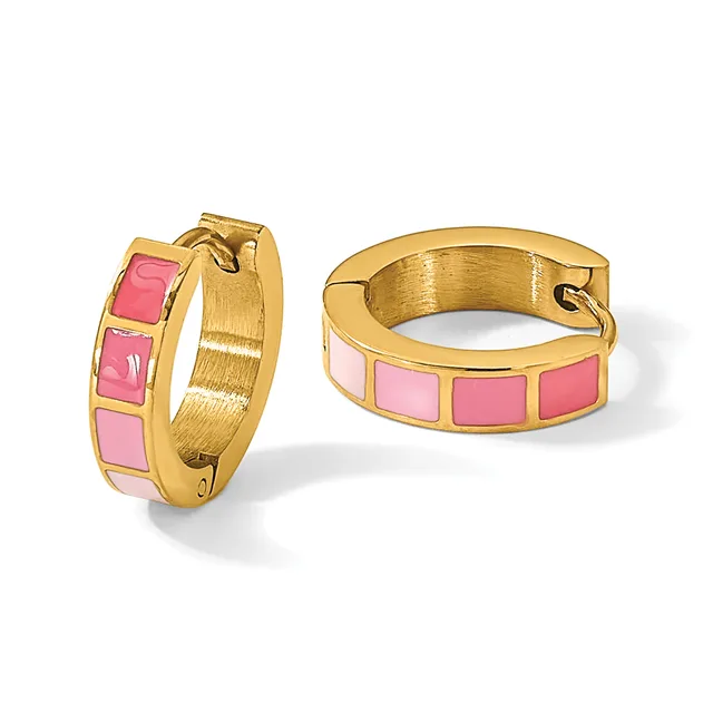 A pair of gold-toned hoop earrings with alternating pink and coral square enamel inlays, shown from two angles against a white background.