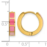 Gold-toned hoop earrings with pink enamel square inlays shown next to a ruler indicating approximately one inch in length.