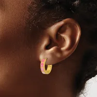 A person wearing a gold hoop earring with a pink enamel stripe on the upper portion, shown from the side profile against their ear.