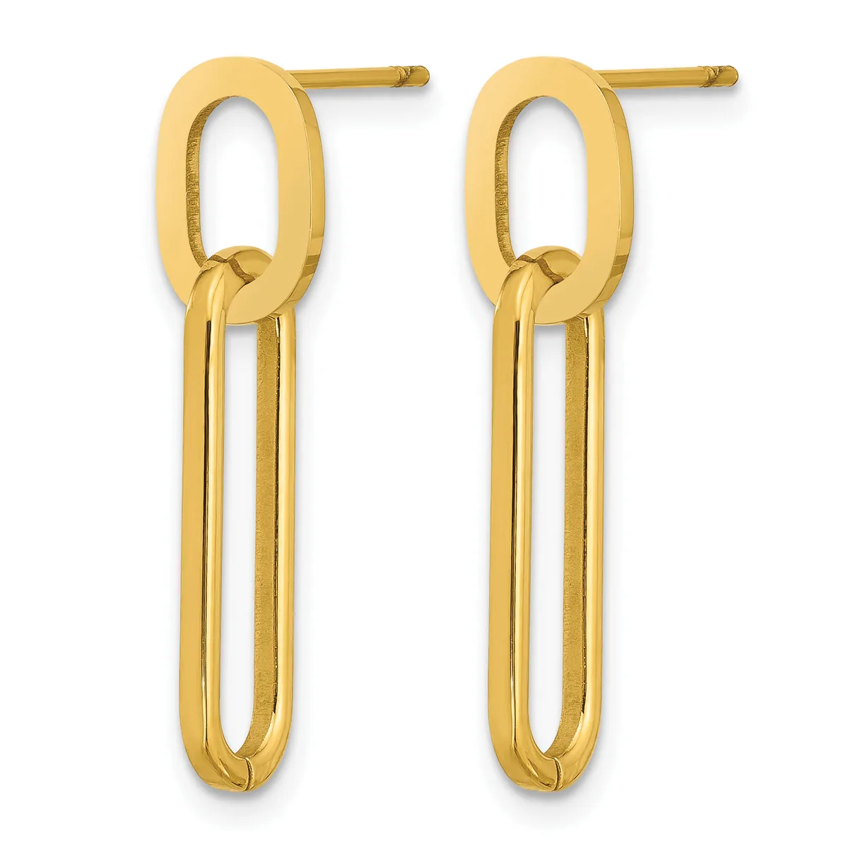 A pair of gold-toned elongated oval link drop earrings with post and clutch backs, shown against a white background.