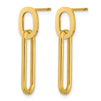 A pair of gold-toned elongated oval link drop earrings with post and clutch backs, shown against a white background.