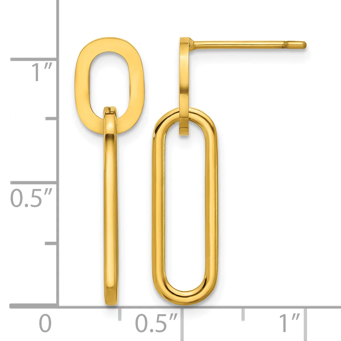 Gold-tone stud earrings with rectangular and oval link charms hanging from post backs, displayed against a measurement scale.