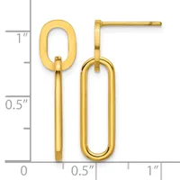 Gold-tone stud earrings with rectangular and oval link charms hanging from post backs, displayed against a measurement scale.