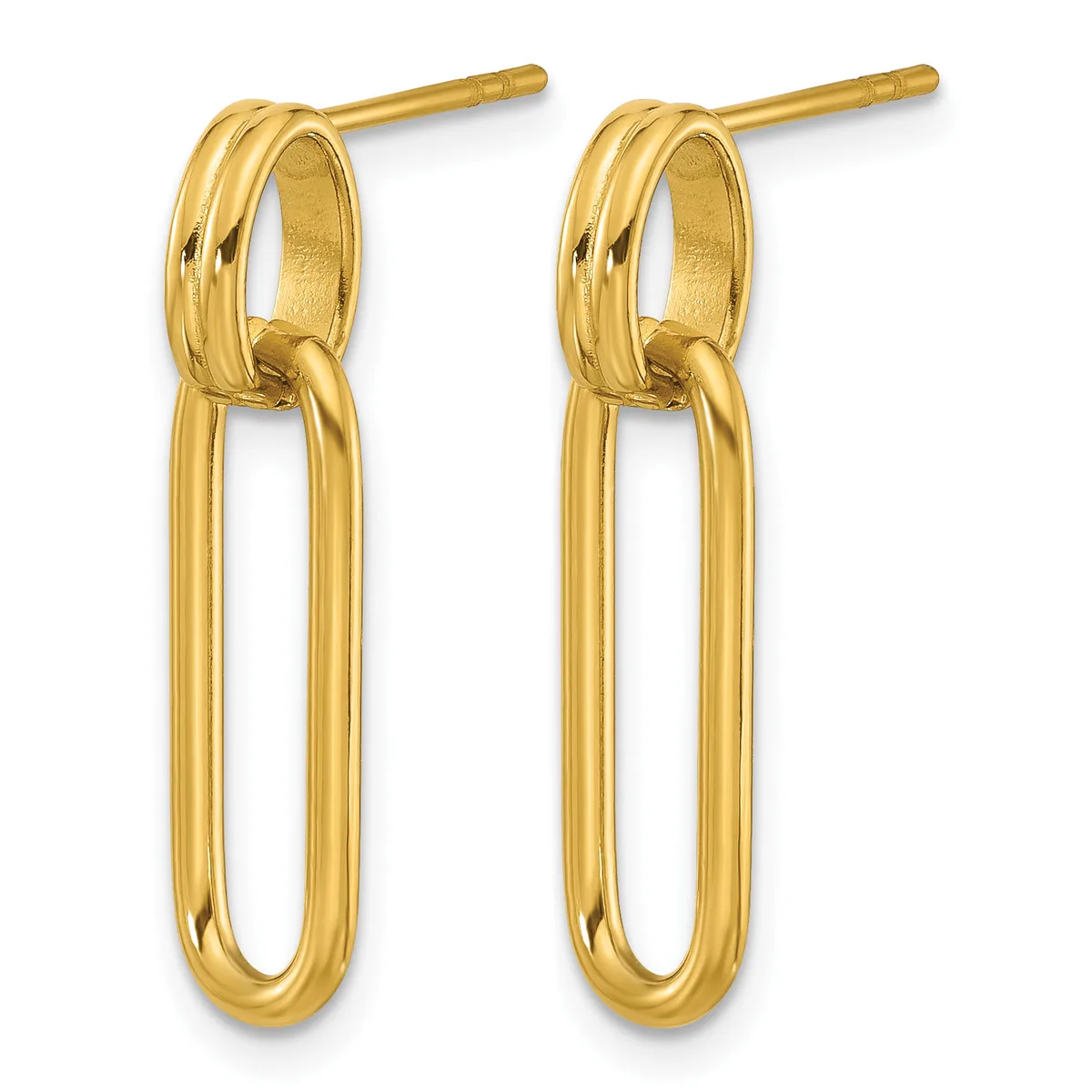 A pair of gold-toned drop earrings with small hoop posts at the top connected to longer oval-shaped dangles below.