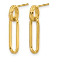 A pair of gold-toned drop earrings with small hoop posts at the top connected to longer oval-shaped dangles below.