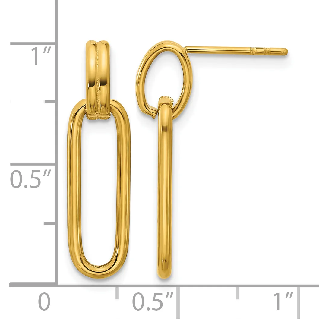 A pair of gold dangle earrings with elongated oval loops suspended from smaller circular studs, displayed next to a measurement scale showing approximately one inch in height.