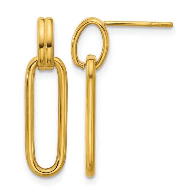 Pair of gold dangle earrings with oval loops connected to smaller rounded rectangular posts, shown from front and side angles.