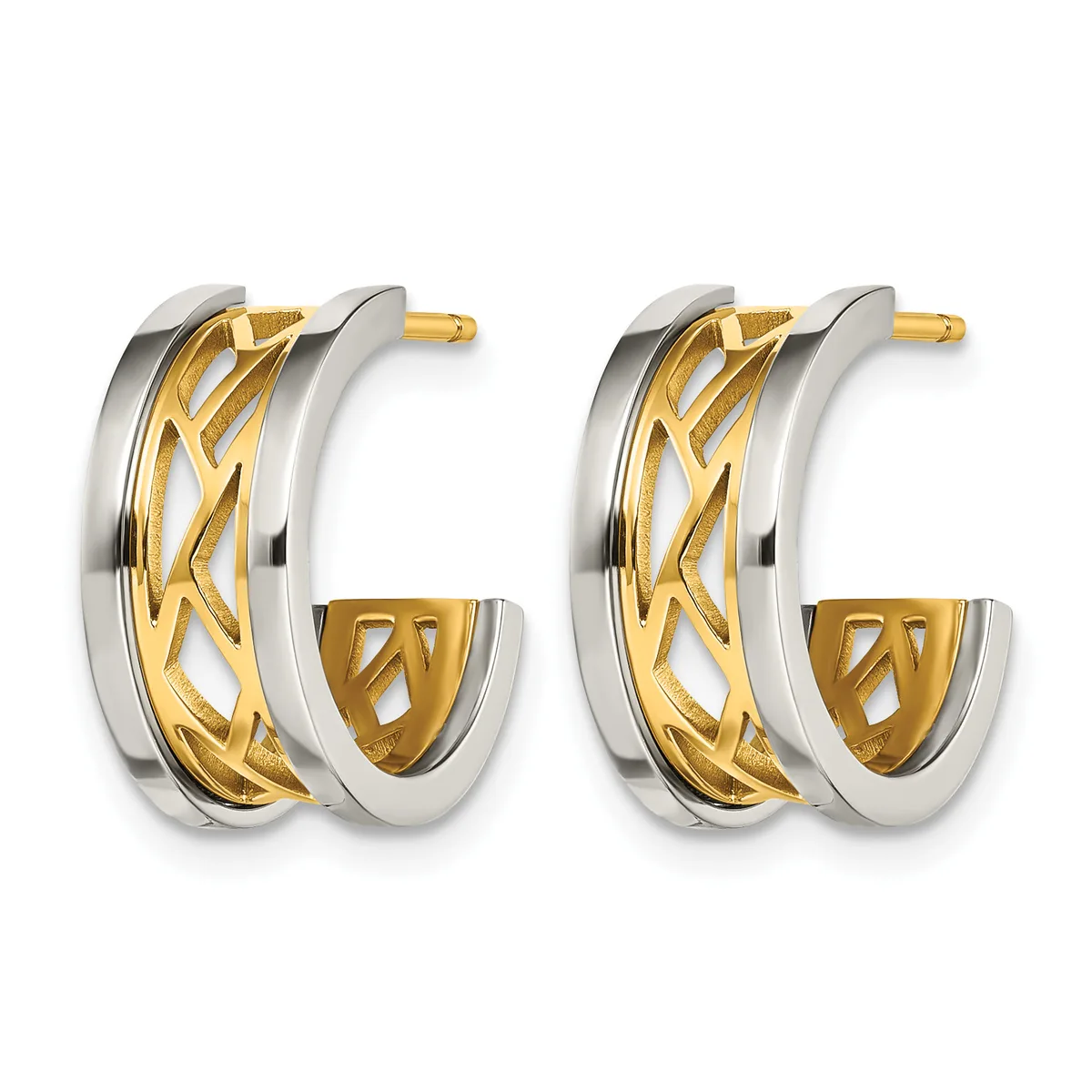Pair of two-tone gold hoop earrings with silver outer bands and textured gold inner bands, shown from the front.