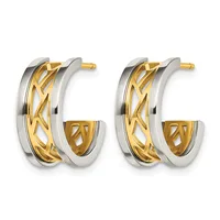 Pair of two-tone gold hoop earrings with silver outer bands and textured gold inner bands, shown from the front.
