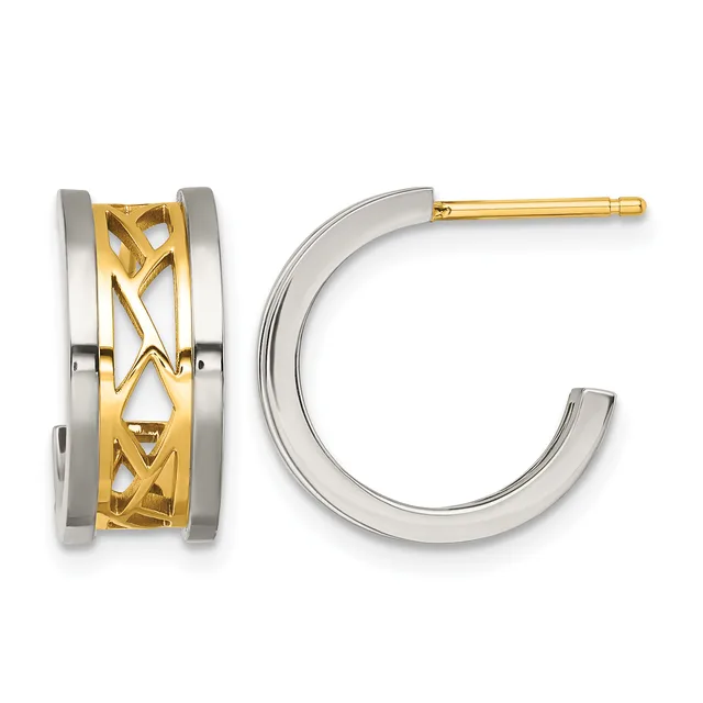 Two-tone hoop earrings with white metal outer bands and yellow gold lattice pattern center strip, shown from front and side views.