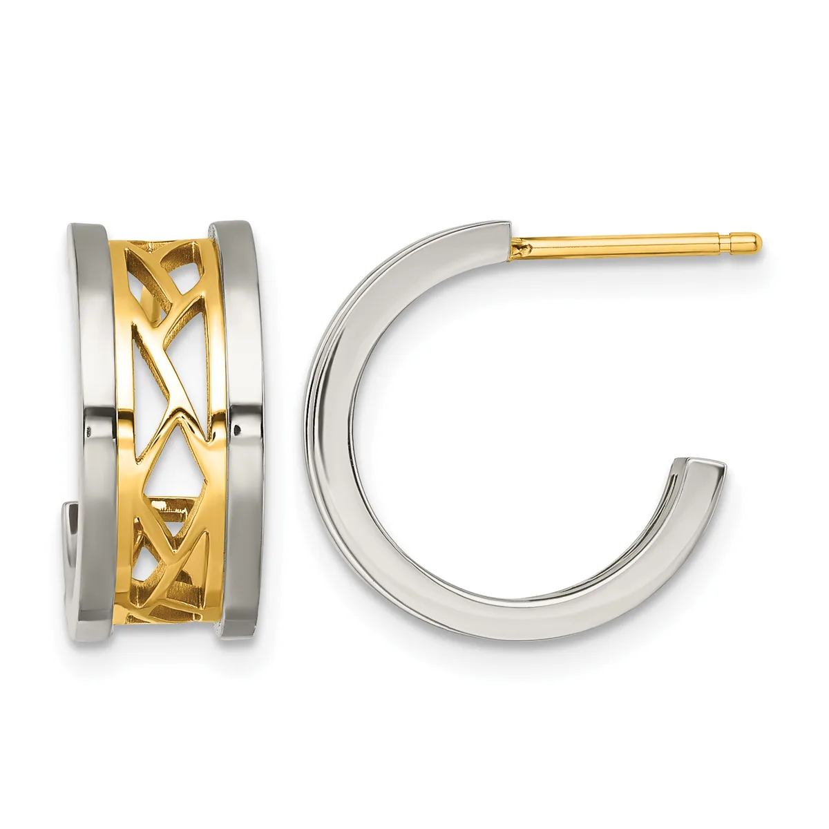 Two-tone hoop earrings with white metal outer bands and yellow gold lattice pattern center strip, shown from front and side views.