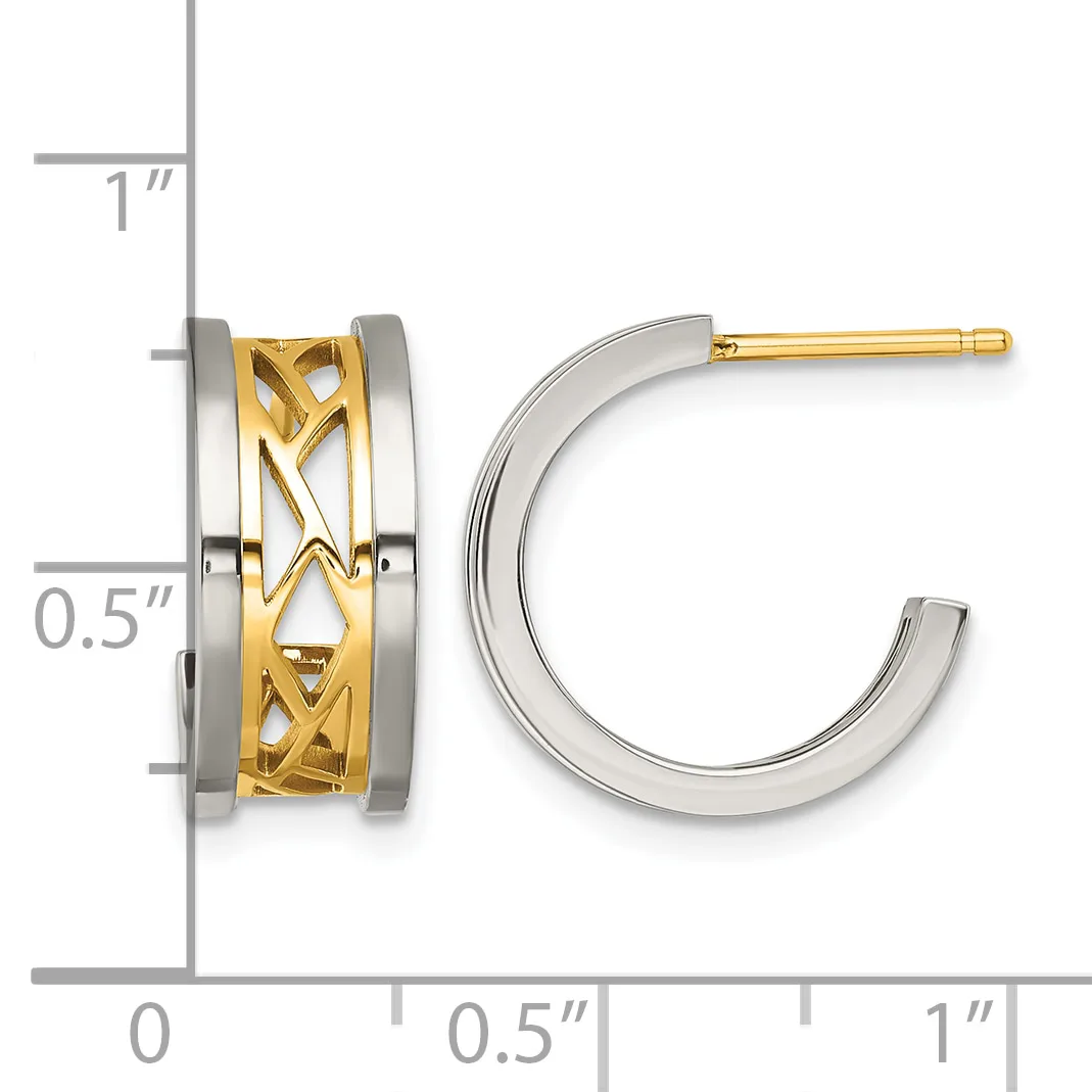 Two-tone hoop earrings with gold lattice pattern band on silver exterior, shown with measurement scale indicating approximately one inch in length.