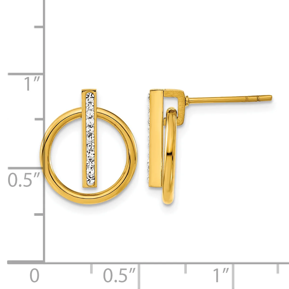 Pair of gold-tone stud earrings featuring circular designs with vertical bars set with small diamonds, displayed against a measurement scale.