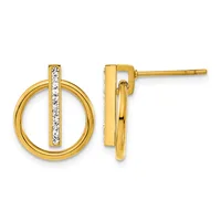 Pair of gold circular drop earrings with diamond-set vertical bars, shown from front and side views.