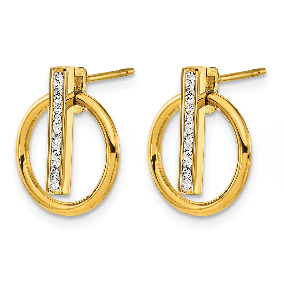 Pair of gold hoop earrings with vertical diamond-set bars through the center and post backs, shown from the front.