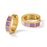 A pair of gold hoop earrings with purple square gemstones set in alternating pattern around the band, shown from front and side angles.