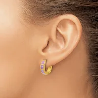 A gold hoop earring with purple enamel accents on the upper portion, shown worn on a person's earlobe.