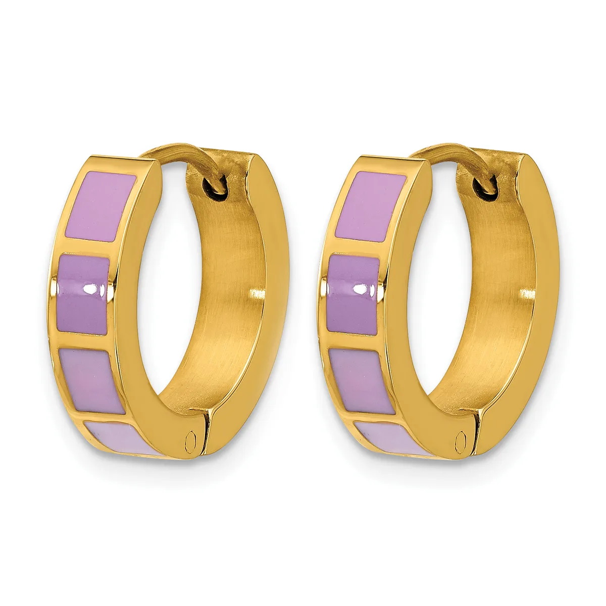A pair of gold-toned hoop earrings with purple enamel inlay in a checkered pattern, shown from the front against a white background.