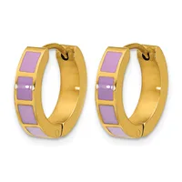 A pair of gold-toned hoop earrings with purple enamel inlay in a checkered pattern, shown from the front against a white background.