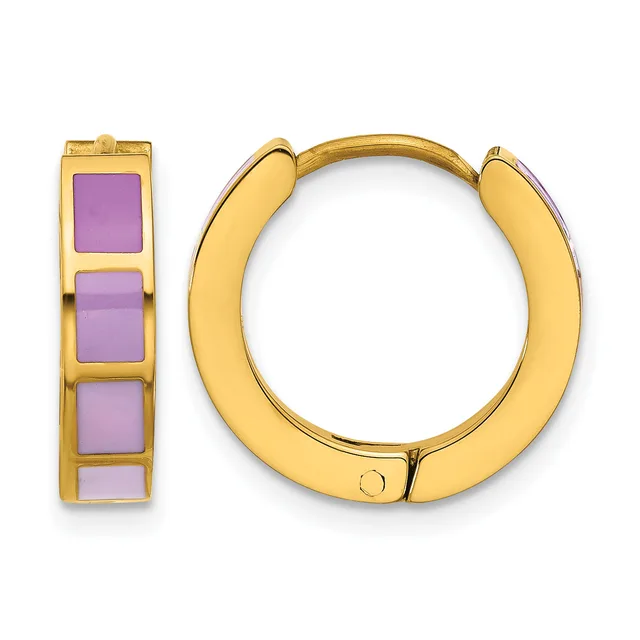 Pair of gold-colored hoop earrings with purple square stone inlays arranged in a row on the left earring, shown from front and side views.