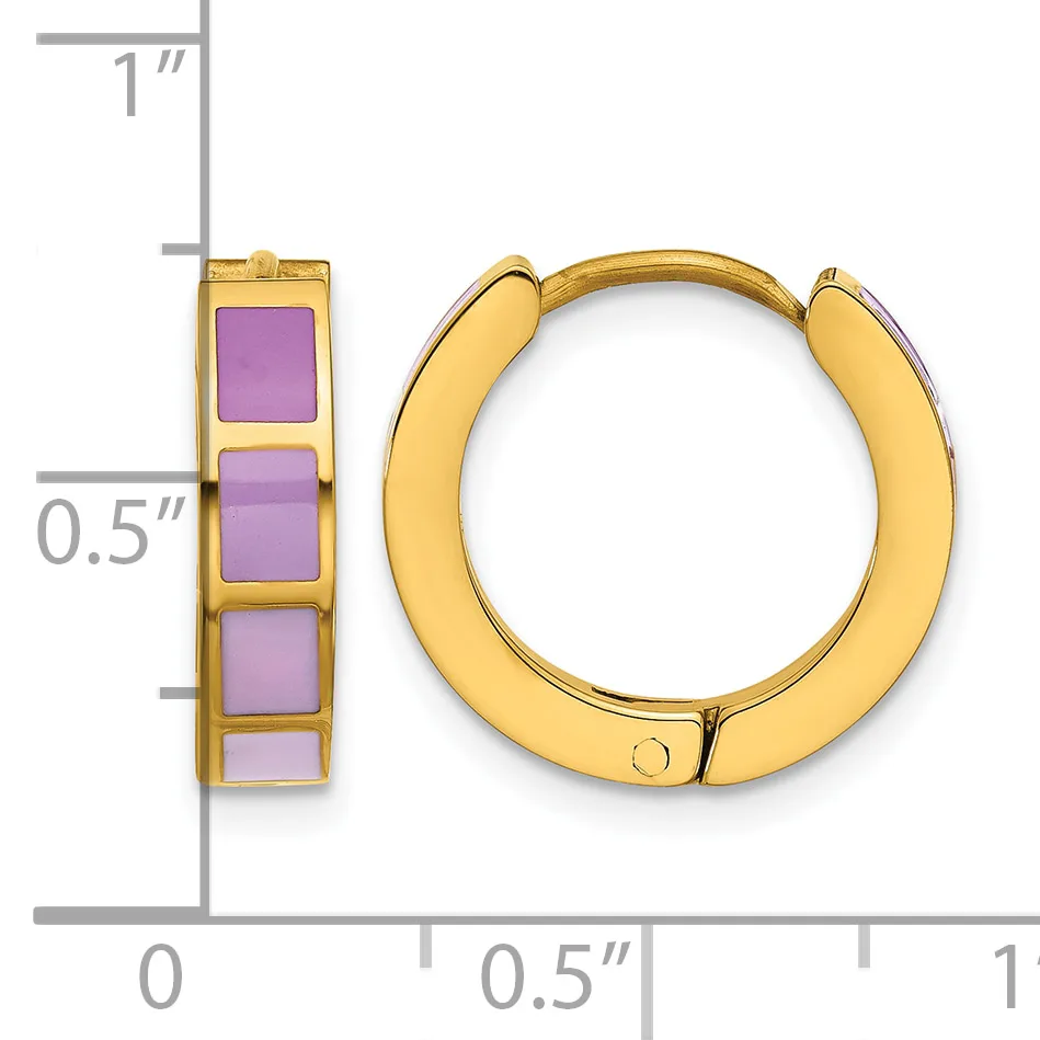 Gold hoop earrings with purple square stone inlays shown next to a measurement ruler indicating approximately one inch in height and half inch in width.