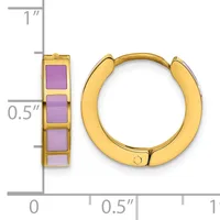 Gold hoop earrings with purple square stone inlays shown next to a measurement ruler indicating approximately one inch in height and half inch in width.