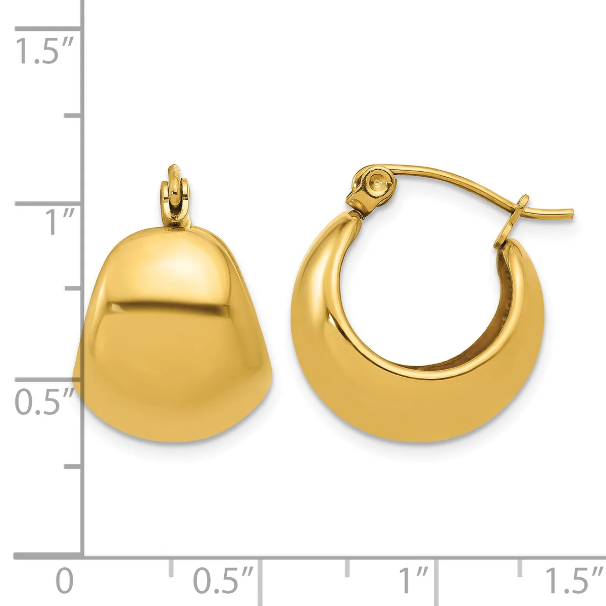 Pair of polished gold-toned puffy hoop earrings with post and clutch backs, shown next to a measurement scale indicating approximately one inch in height.