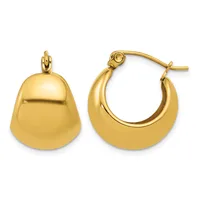 A pair of polished gold chunky hoop earrings displayed from front and side views, featuring a curved puffy design with post and clutch closures.
