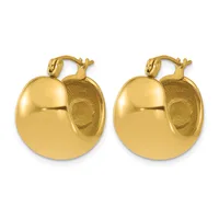 A pair of polished gold hoop earrings with a chunky, rounded profile and small hinged closures, shown from the front and back.