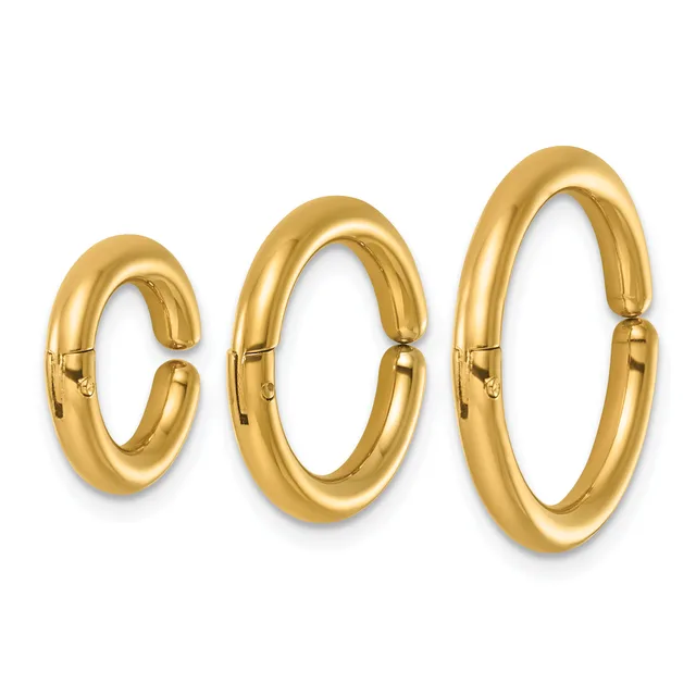 Three polished gold hoop earrings in increasing sizes, displayed side by side with hinged closures visible on each.