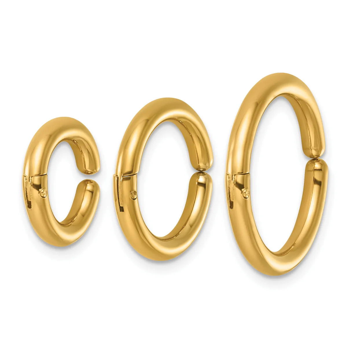 Three polished gold hoop earrings in increasing sizes, displayed side by side with hinged closures visible on each.
