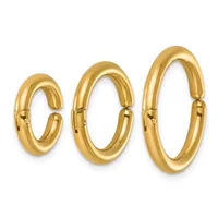 Three polished gold hoop earrings in increasing sizes, displayed side by side with hinged closures visible on each.