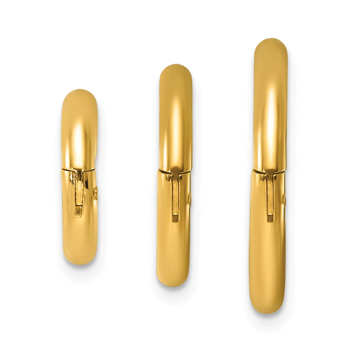 Three polished gold tubular hinged bangle bracelets in increasing sizes, arranged side by side.