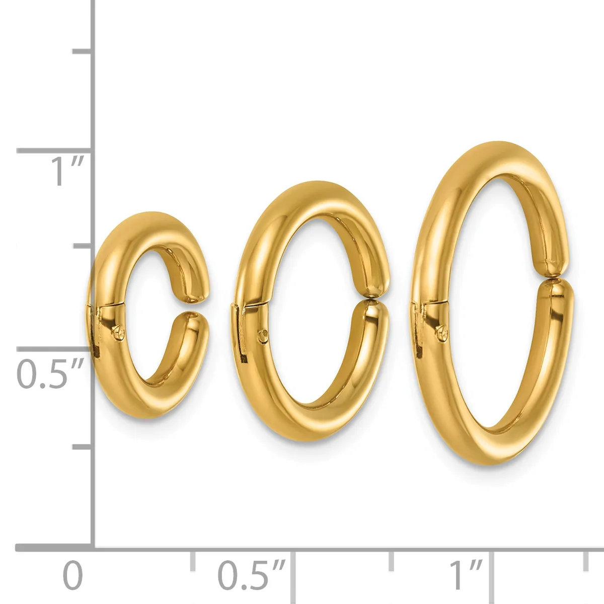Three polished gold hoop earrings of increasing sizes displayed next to a measurement ruler showing heights from 0.5 to 1 inch.
