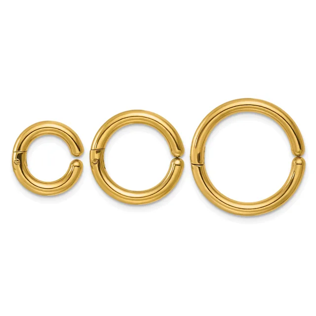 Three gold-colored hinged segment rings in increasing sizes arranged in a row against a white background.