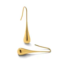 A pair of polished gold teardrop earrings with hook closures, shown from two angles against a white background.