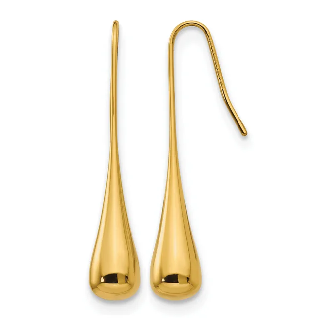 Pair of gold teardrop earrings with hook closures, shown from front and back views against a white background.