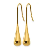 Pair of gold teardrop earrings with curved wire hooks, displayed against a white background.
