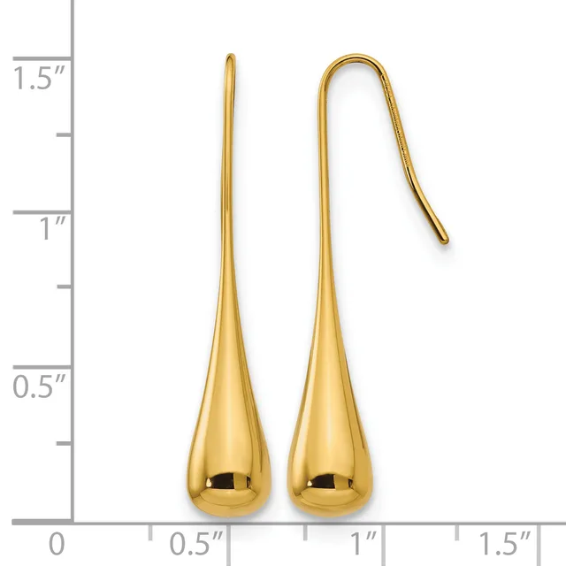 A pair of gold teardrop earrings with hooks, displayed next to a ruler showing them measuring approximately 1.5 inches in length.