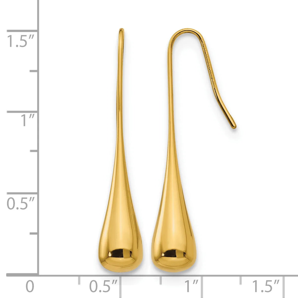 A pair of gold teardrop earrings with hooks, displayed next to a ruler showing them measuring approximately 1.5 inches in length.