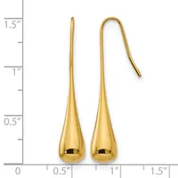A pair of gold teardrop earrings with hooks, displayed next to a ruler showing them measuring approximately 1.5 inches in length.
