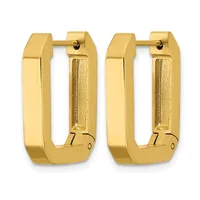 A pair of polished gold rectangular hoop earrings with hinged closures, shown from the front and back views.