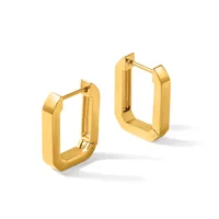 A pair of polished gold-toned rectangular hoop earrings with rounded corners and hinged closures, displayed at slight angles.