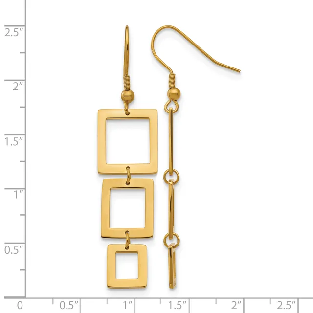 Pair of gold-tone dangle earrings with three stacked square frames on the left and a long chain link design on the right, displayed against a measurement ruler.