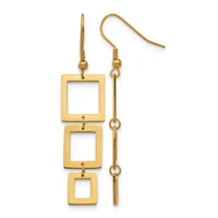 Gold-toned dangle earrings featuring three connected square frames suspended from a curved fish hook wire, shown against a white background.