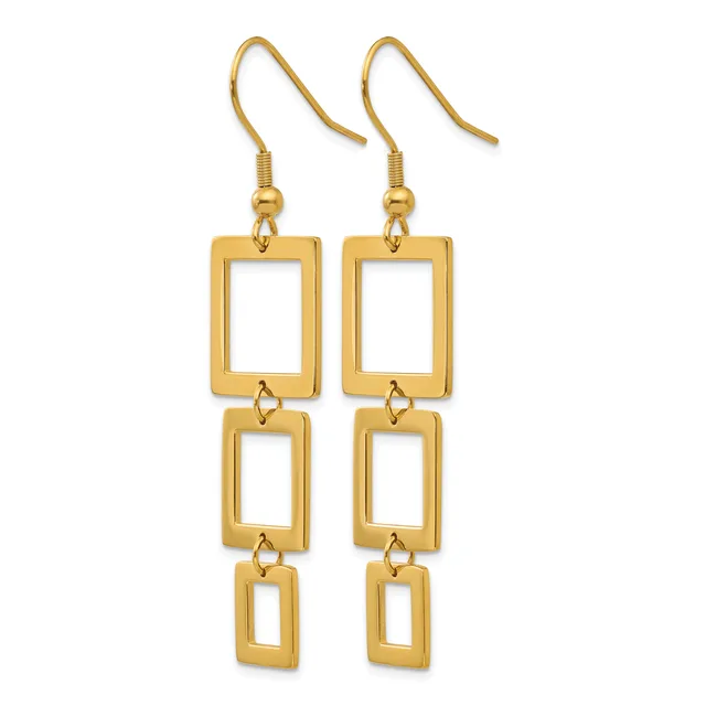 Pair of gold-toned dangle earrings with three stacked open rectangular frames of decreasing size hanging from fish hook wires.