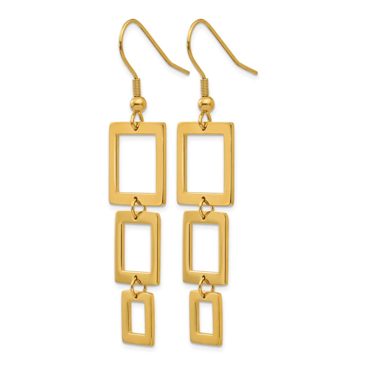 Pair of gold-toned dangle earrings with three stacked open rectangular frames of decreasing size hanging from fish hook wires.