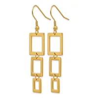 Pair of gold-toned dangle earrings with three stacked open rectangular frames of decreasing size hanging from fish hook wires.