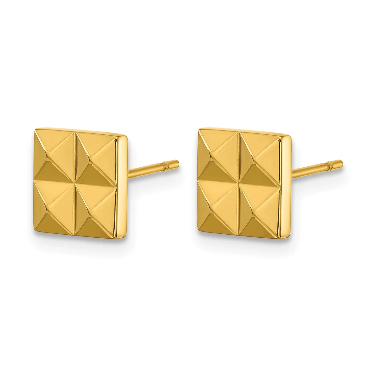 A pair of gold-colored square stud earrings with pyramidal geometric facets on the face and post-and-clutch closures.